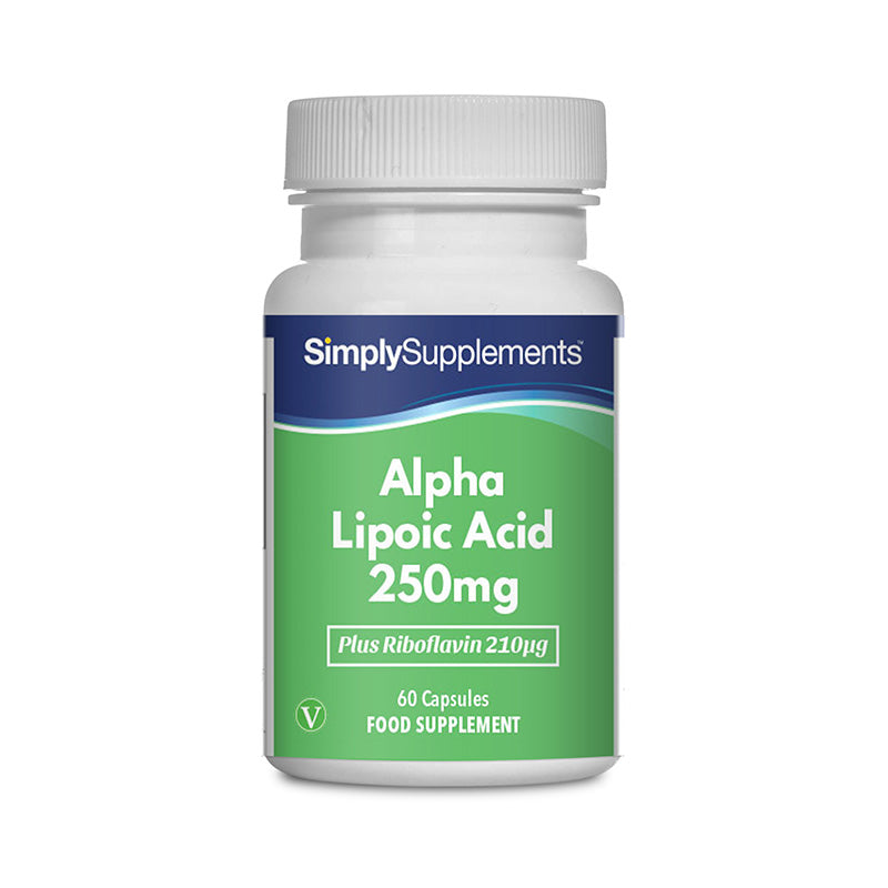 Flacone di integratore etichettato “Acido alfa Lipoico 250mg Simply Supplements” con etichetta verde su sfondo bianco.
