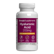 Flacone di integratore etichettato “Acido Ialuronico 200mg Simply Supplements” con etichetta celeste su sfondo bianco.