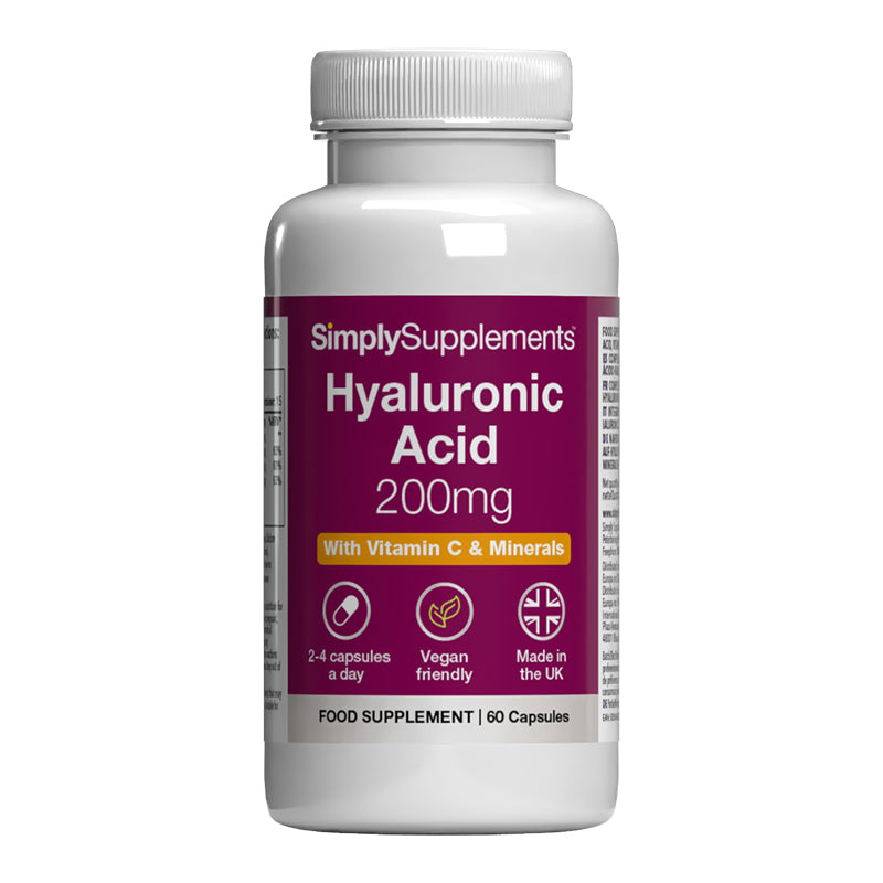 Flacone di integratore etichettato “Acido Ialuronico 200mg Simply Supplements” con etichetta celeste su sfondo bianco.