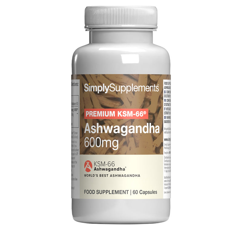 Flacone di integratore etichettato “Ashwagandha 600mg KSM-66 Simply Supplements” con etichetta marrone su sfondo bianco.