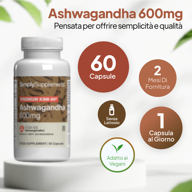 Un flacone dell'integratore alimentare SimplySupplements Ashwagandha da 600 mg, esposto su un piedistallo bianco con testo promozionale in italiano e didascalie circolari che indicano 60 capsule, scorta per 2 mesi, 1 capsula al giorno e adatto ai vegani.
