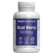 Flacone di integratore etichettato “Bacche di Acai 5000mg Simply Supplements” con etichetta viola su sfondo bianco.