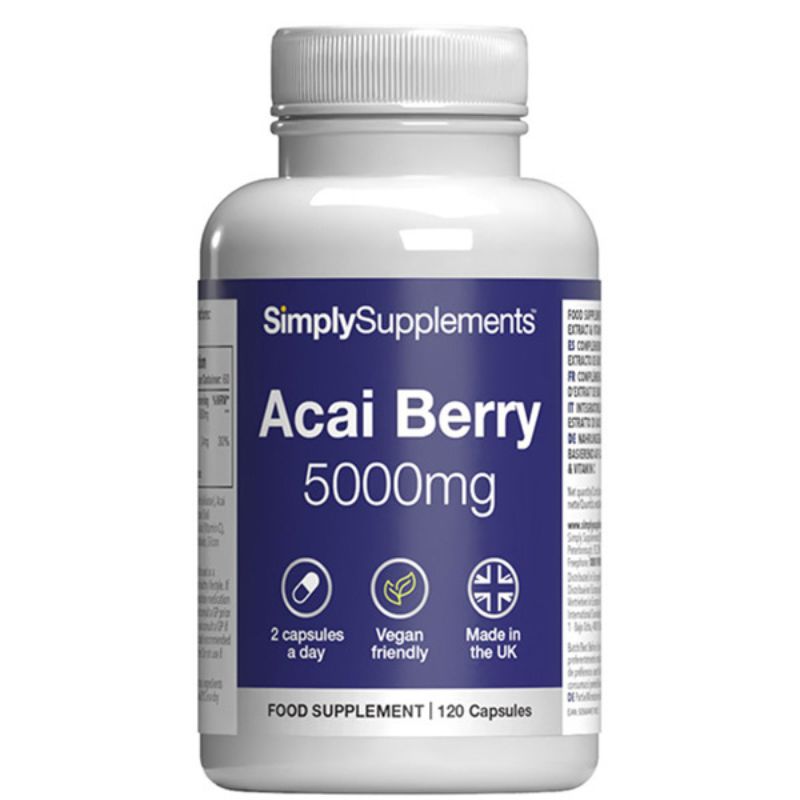 Flacone di integratore etichettato “Bacche di Acai 5000mg Simply Supplements” con etichetta viola su sfondo bianco.