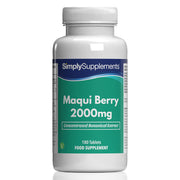 Flacone di integratore etichettato “Bacche di Maqui 2000mg Simply Supplements” con etichetta verde su sfondo bianco.