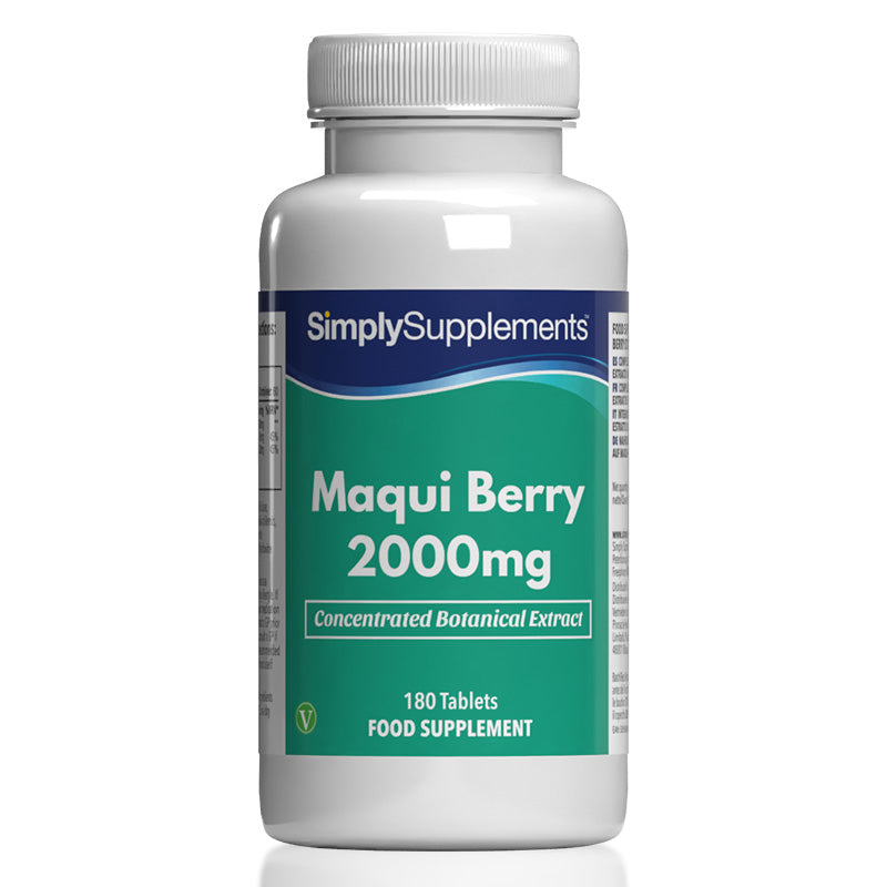 Flacone di integratore etichettato “Bacche di Maqui 2000mg Simply Supplements” con etichetta verde su sfondo bianco.