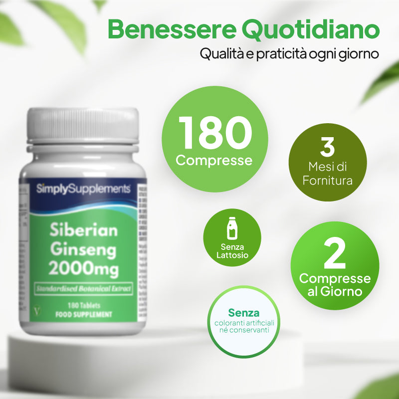 Flacone di integratore SimplySupplements al ginseng siberiano da 2000 mg su un piedistallo bianco, con testo promozionale in italiano e didascalie circolari verdi relative al numero giornaliero di compresse, alla conservazione e al consumo.