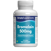 Flacone di integratore etichettato “Bromelina 500mg Simply Supplements” con etichetta blu su sfondo bianco.