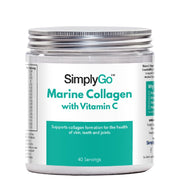 Barattolo di integratore etichettato “Collagene Marino con Vitamina C Simply Supplements” con etichetta verde e bianca su sfondo bianco.