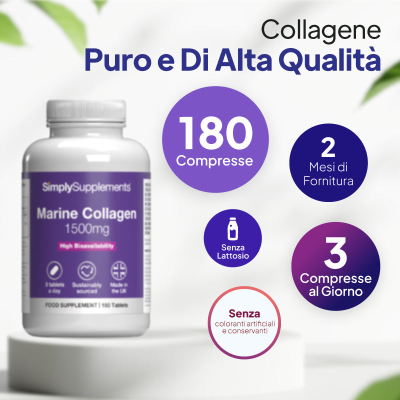 Un flacone di integratori alimentari SimplySupplements Marine Collagen da 1500 mg su un piedistallo bianco, circondato da un testo promozionale in italiano e da etichette circolari che evidenziano: 180 compresse, scorta per 2 mesi, adatto all’allattamento e 3 compresse al giorno.