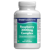 Flacone di integratore etichettato “Complesso di Lamponi 3000mg Simply Supplements” con etichetta verde su sfondo bianco.