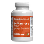 Flacone di integratore etichettato “D-Mannosio 500mg Simply Supplements” con etichetta arancione su sfondo bianco.