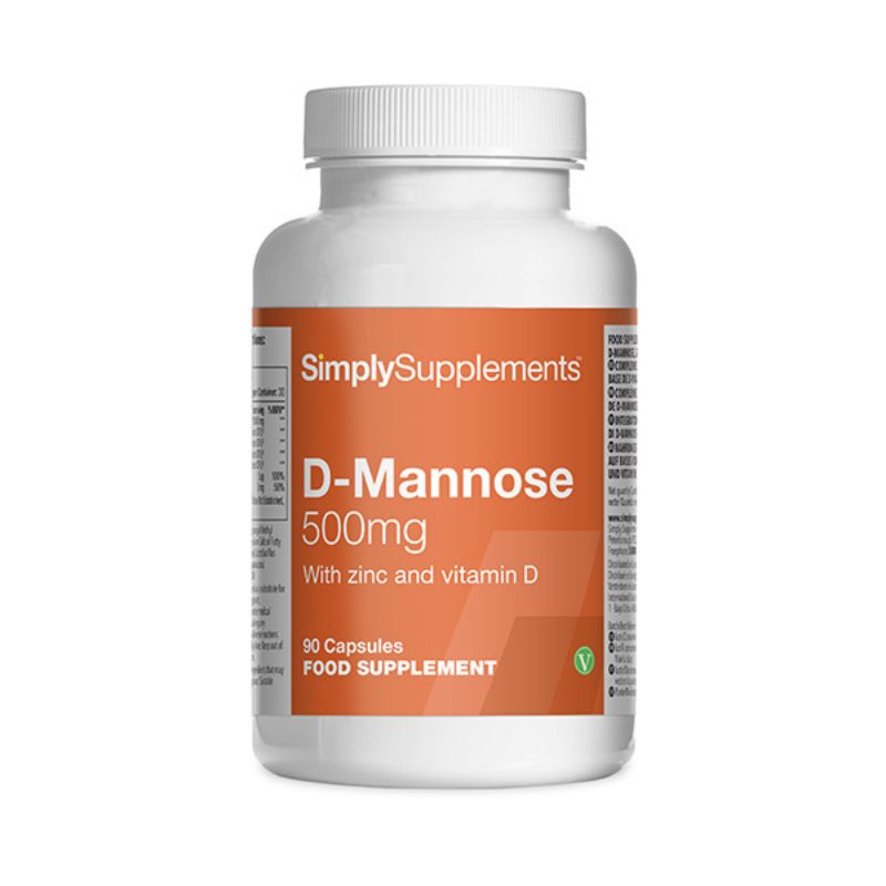 Flacone di integratore etichettato “D-Mannosio 500mg Simply Supplements” con etichetta arancione su sfondo bianco.