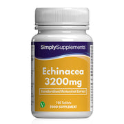 Flacone di integratore etichettato “Echinacea 3200mg Simply Supplements” con etichetta gialla su sfondo bianco.
