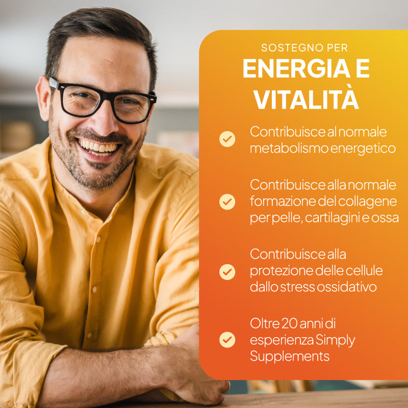 La vitamina C contribuisce al metabolismo energetico e favorisce la salute della pelle, della cartilagine e delle ossa