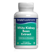 Flacone di integratore etichettato “Estratto di Fagiolo Bianco Simply Supplements” con etichetta verde su sfondo bianco.