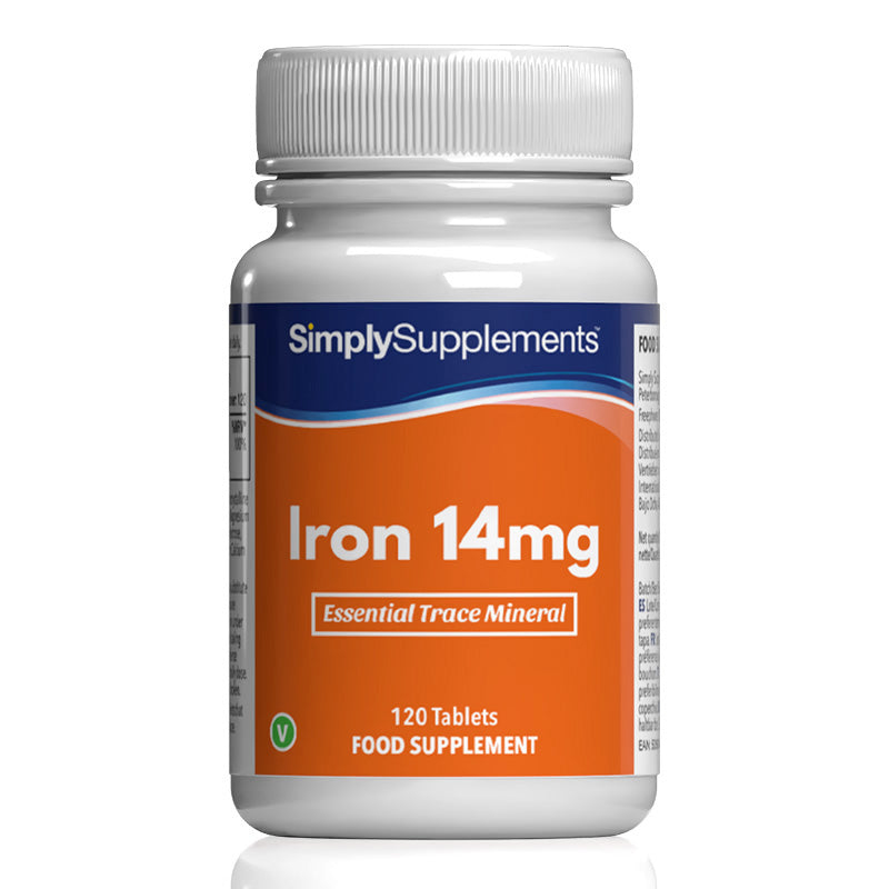 Flacone di integratore etichettato “Ferro 14mg Simply Supplements” con etichetta arancione su sfondo bianco.