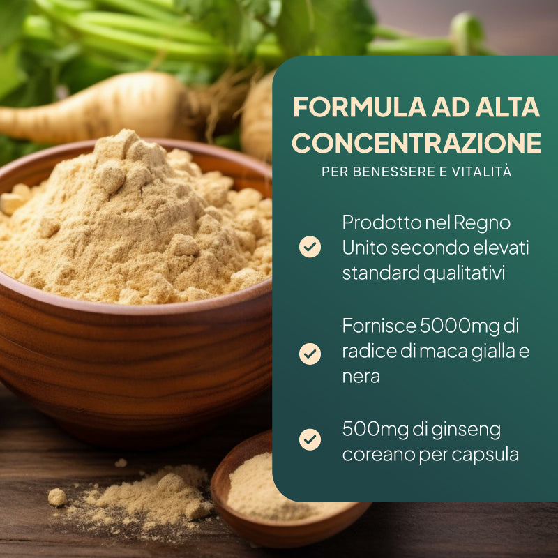 Immagine promozionale del prodotto “Simply Supplements Maca 5000 mg con ginseng e pepe nero”, che sottolinea come il prodotto sia realizzato nel Regno Unito secondo i più elevati standard di qualità e contenga 500 mg di radice di maca gialla e nera e 500 mg di ginseng coreano in ogni capsula
