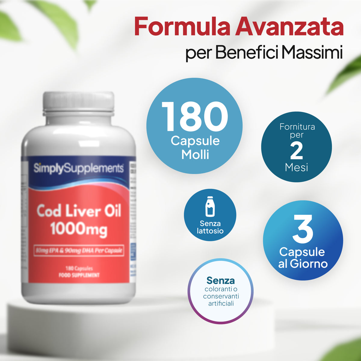 Un flacone di capsule di olio di fegato di merluzzo SimplySupplements da 1000 mg su un piedistallo bianco, con testo promozionale in italiano e didascalie circolari blu che evidenziano: 180 capsule, scorta per 2 mesi, senza lattosio e 3 capsule al giorno. 180 capsule molli – assumere 3 al giorno. Confezione per 2 mesi
