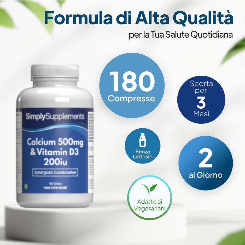Un flacone bianco di integratori con l'etichetta “SimplySupplements Calcio 500 mg e Vitamina D3 200 UI”, esposto su un piedistallo con un testo promozionale in italiano e didascalie circolari relative al dosaggio e ai benefici.