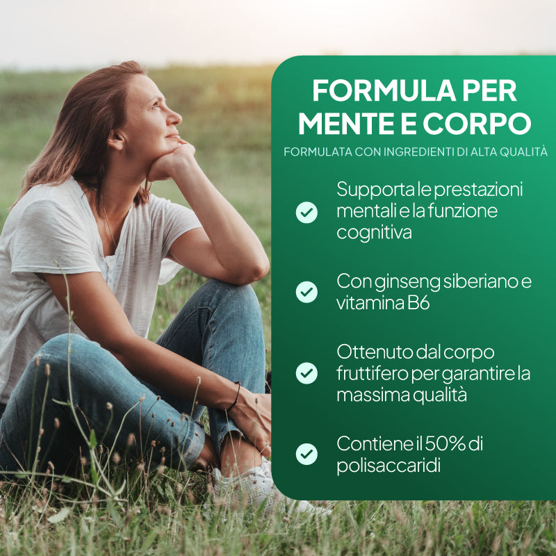 Immagine illustrativa della linea "Lion’s Mane e Ginseng siberiano" di Simply Supplements, che evidenzia il sostegno alle prestazioni mentali e alle funzioni cognitive; con l’aggiunta di ginseng siberiano e vitamina B6, Lion’s Mane ricavato dal corpo fruttifero per la massima efficacia e un contenuto di polisaccaridi del 50%.
