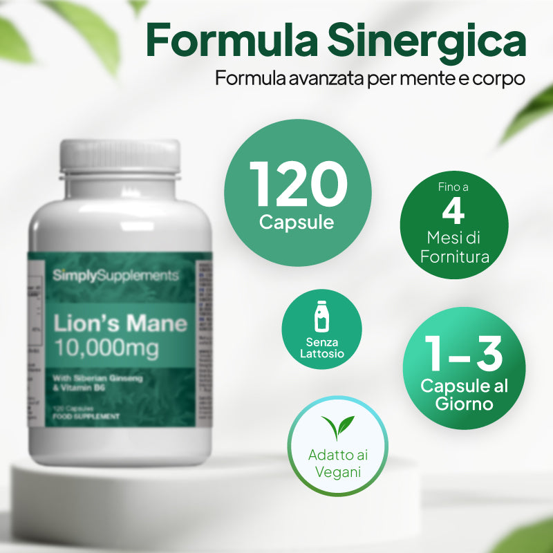 Immagine del prodotto “Lion’s Mane e Ginseng siberiano” di Simply Supplements che mostra 120 capsule, una scorta fino a 4 mesi, 1–3 capsule al giorno, formula senza lattosio e adatta ai vegani.

