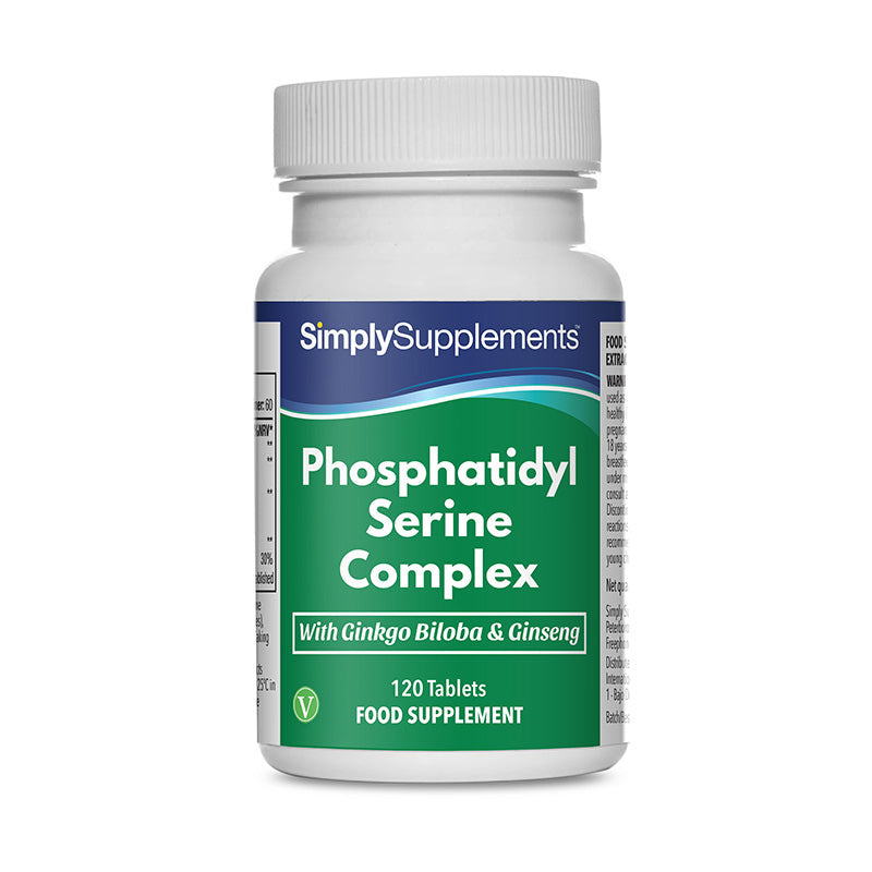 Flacone di integratore etichettato “Fosfatidilserina Complex Simply Supplements” con etichetta verde su sfondo bianco.