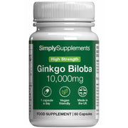 Flacone di integratore etichettato “Ginkgo Biloba 10,000mg Simply Supplements” con etichetta verde su sfondo bianco.