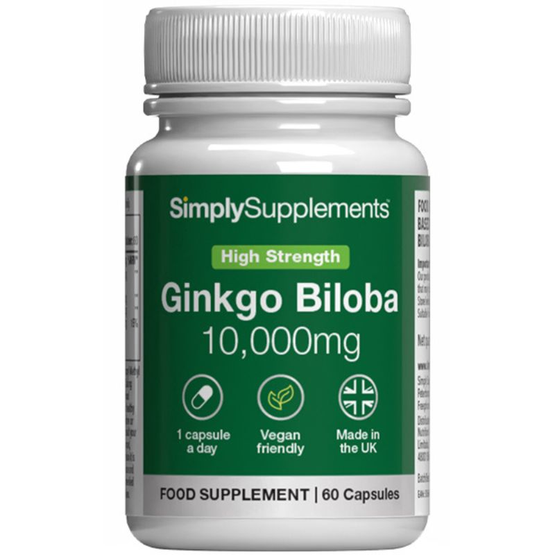 Flacone di integratore etichettato “Ginkgo Biloba 10,000mg Simply Supplements” con etichetta verde su sfondo bianco.