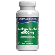 Flacone di integratore etichettato “Ginkgo Biloba 6000mg Simply Supplements” con etichetta verde su sfondo bianco.