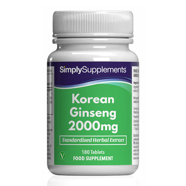 Flacone di integratore etichettato “Ginsneg Coreano 2000mg Simply Supplements” con etichetta verde su sfondo bianco.