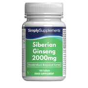 Flacone di integratore etichettato “Ginseng Siberiano 2000mg Simply Supplements” con etichetta verdesu sfondo bianco.
