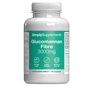 Flacone di integratore etichettato “Glucomannano 3000mg Simply Supplements” con etichetta verde su sfondo bianco.