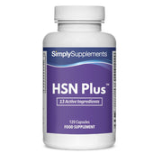 Flacone di integratore etichettato “HSN Plus - Capelli, Pelle, Unghie Simply Supplements” con etichetta viola su sfondo bianco.
