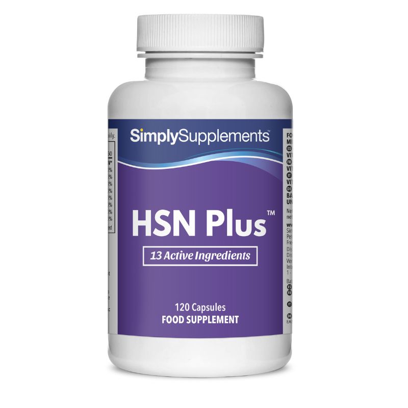 Flacone di integratore etichettato “HSN Plus - Capelli, Pelle, Unghie Simply Supplements” con etichetta viola su sfondo bianco.
