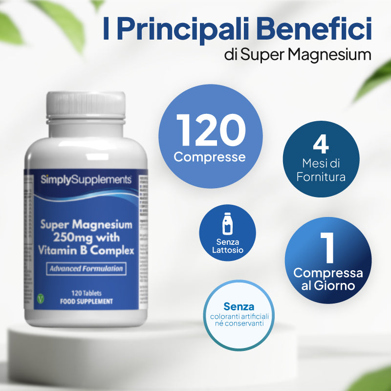 Simply Supplements Super Magnesio 250 mg con complesso vitaminico B, 120 compresse
