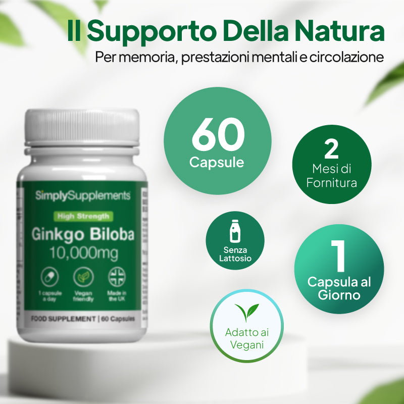 Immagine del supplemento al ginkgo biloba di Simply Supplements che mostra 60 capsule, una confezione sufficiente per 2 mesi, 1 capsula al giorno, formula senza lattosio e adatta ai vegani.