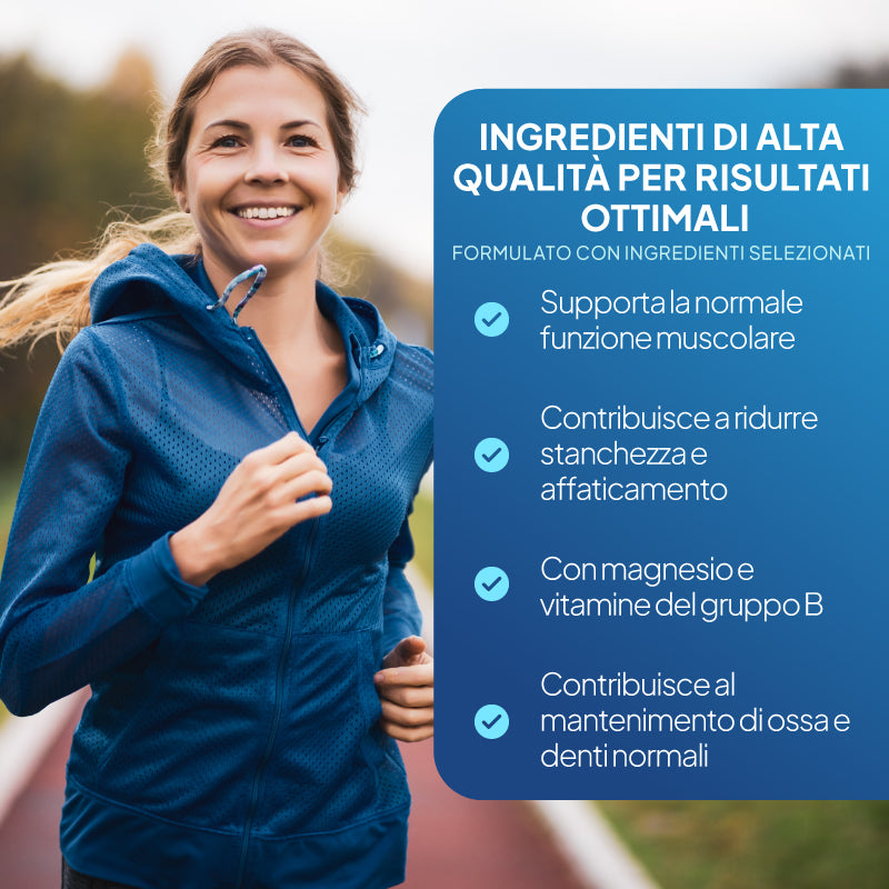 Super Magnesio 250 mg con complesso vitaminico B favorisce il corretto funzionamento dei muscoli e contribuisce a ridurre l'affaticamento
