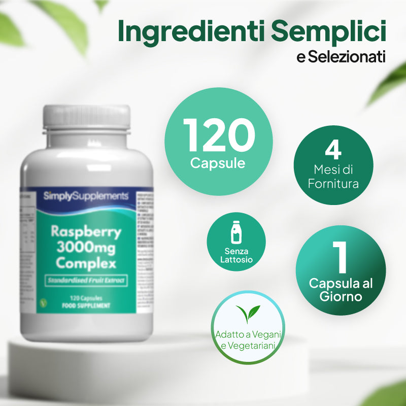 Un flacone bianco per integratori con l'etichetta “SimplySupplements Raspberry 3000mg Complex” è posizionato su un piedistallo bianco su uno sfondo chiaro, con didascalie in italiano che recitano: 120 capsule, confezione per 4 mesi, 1 capsula al giorno e adatto ai vegani.
