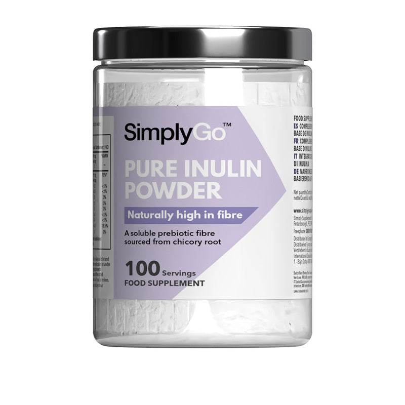 Flacone di integratore etichettato “Inulina Pura in Polvere Simply Supplements” con etichetta viola su sfondo bianco.