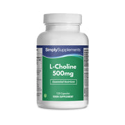 Flacone di integratore etichettato “L-Colina 500mg Simply Supplements” con etichetta verde su sfondo bianco.