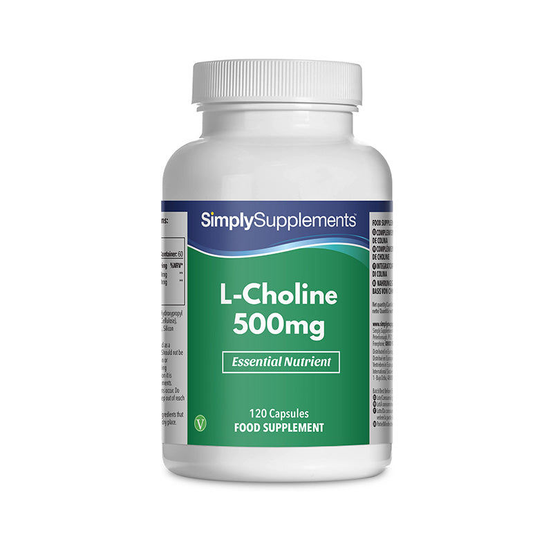 Flacone di integratore etichettato “L-Colina 500mg Simply Supplements” con etichetta verde su sfondo bianco.