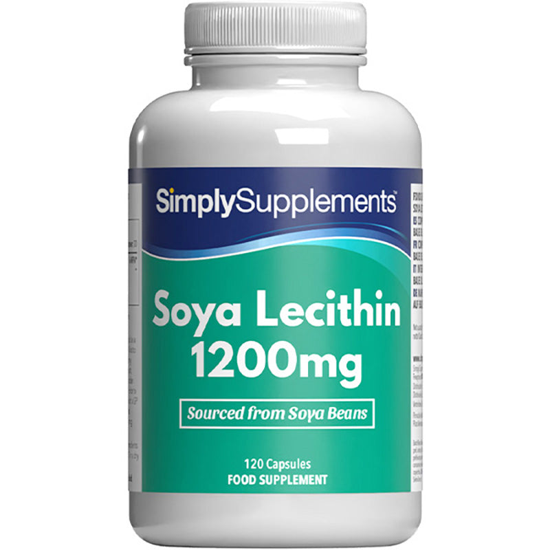 Flacone di integratore etichettato “Lecitina di Soia 1200mg Simply Supplements” con etichetta verde su sfondo bianco.