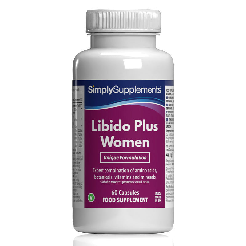 Flacone di integratore etichettato “Libido Plus per Donne Simply Supplements” con etichetta rosa su sfondo bianco.