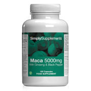 Flacone di integratore etichettato “Maca 5000mg con Ginseng e Pepe nero Simply Supplements” con etichetta verde su sfondo bianco.
