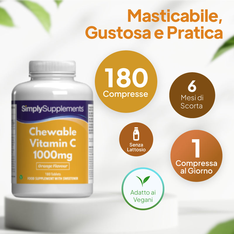 Simply Supplements - Compresse masticabili di vitamina C da 1.000 mg al gusto di arancia, confezione da 6 mesi