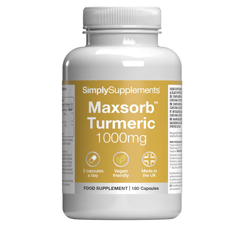 Flacone di integratore etichettato “Maxsorb™ Curcuma 1000mg Simply Supplements” con etichetta gialla su sfondo bianco.