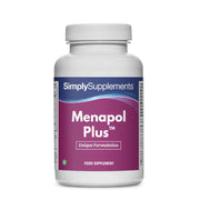 Flacone di integratore etichettato “Menapol Plus Simply Supplements” con etichetta rosa su sfondo bianco.