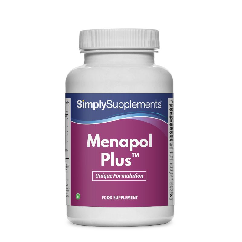 Flacone di integratore etichettato “Menapol Plus Simply Supplements” con etichetta rosa su sfondo bianco.