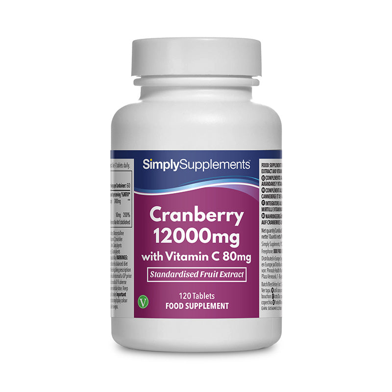 Flacone di integratore etichettato “Mirtillo Rosso 12000 con Vitamina C 80mg Simply Supplements” con etichetta rosa su sfondo bianco.
