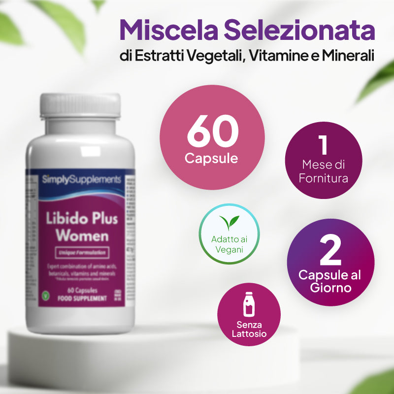 Un flacone dell'integratore alimentare SimplySupplements Libido Plus Women esposto su un piedistallo bianco con testo promozionale in italiano e didascalie circolari che riportano le indicazioni: 60 capsule, confezione per 1 mese, 2 capsule al giorno e adatto alle diete vegetariane.